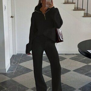 Black Casual Women's Streetwear Matching Sweater Set